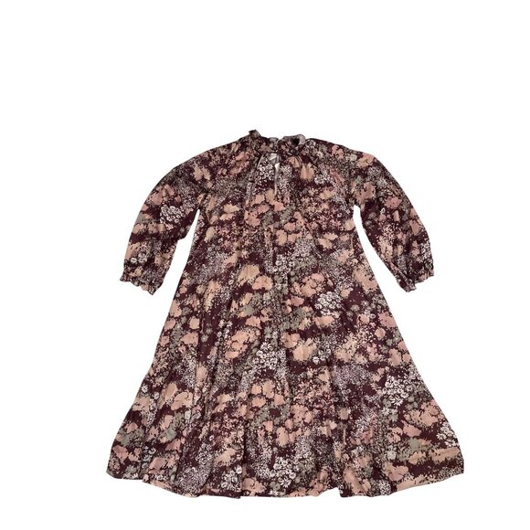 Vintage 70s Sheer Watercolor Floral Print Midi Dress Long Sleeve Tie Neck Ruffle - Picture 7 of 13